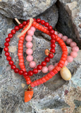 Barse Triple Strand Melon, Red, and Peach Coral Beaded Bracelet