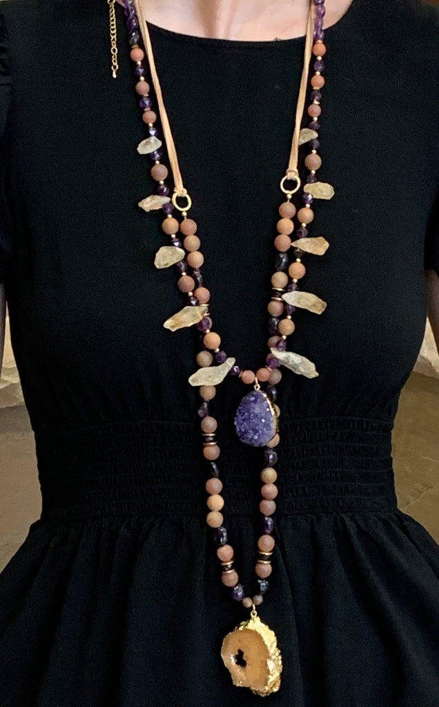 Amethyst, Bronze & Drusy Pendant Leather Strap Necklace