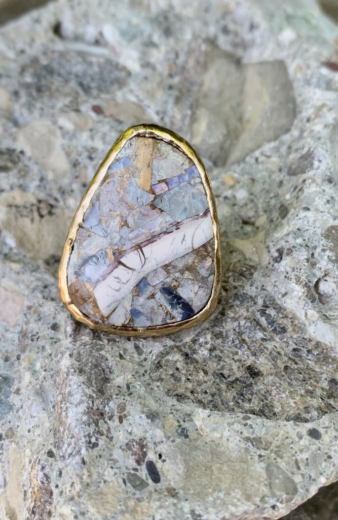 Opal & Bronze Shell Abstract Matrix Gemstone Ring Size 7