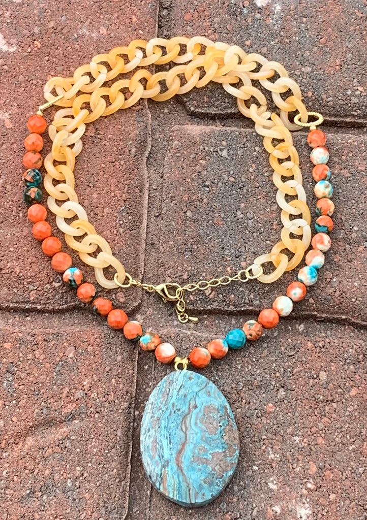 Spiny Oyster, Resin & Jasper Pendant Necklace