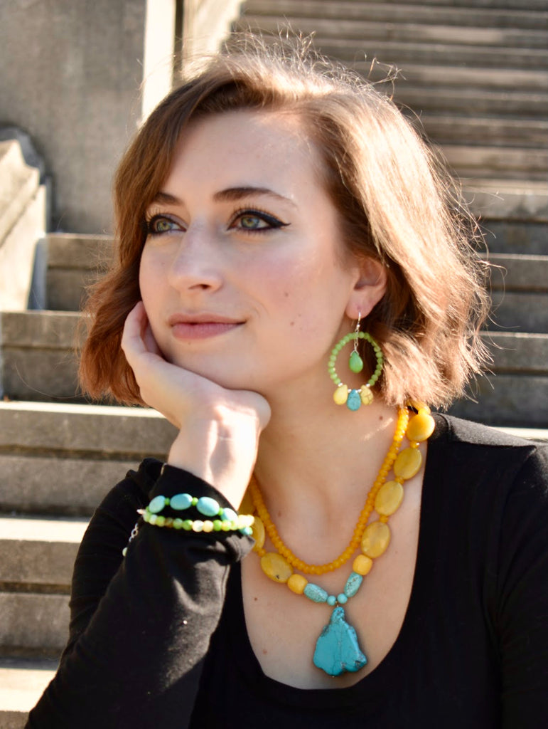 Sterling Silver Lime Turquoise & Magnesite Forward Facing Hoop Earrings