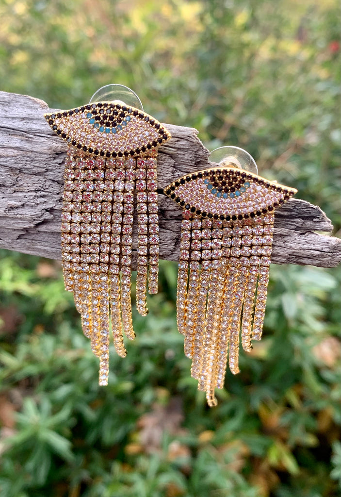 Luxe Goldtone Evil Eye Gold CZ Chandelier Earrings