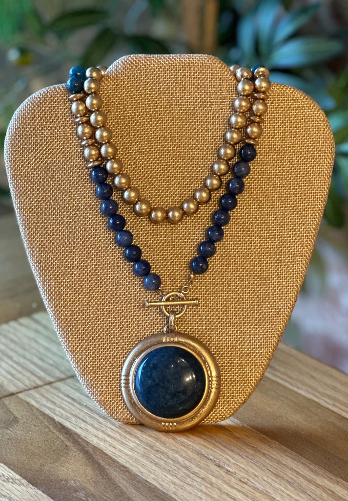 Brushed Gold Mixed Media Semi-Precious Pendant Necklace