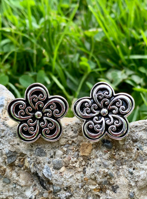 Scroll Silver & Black Flower Scroll Clip-On Earrings