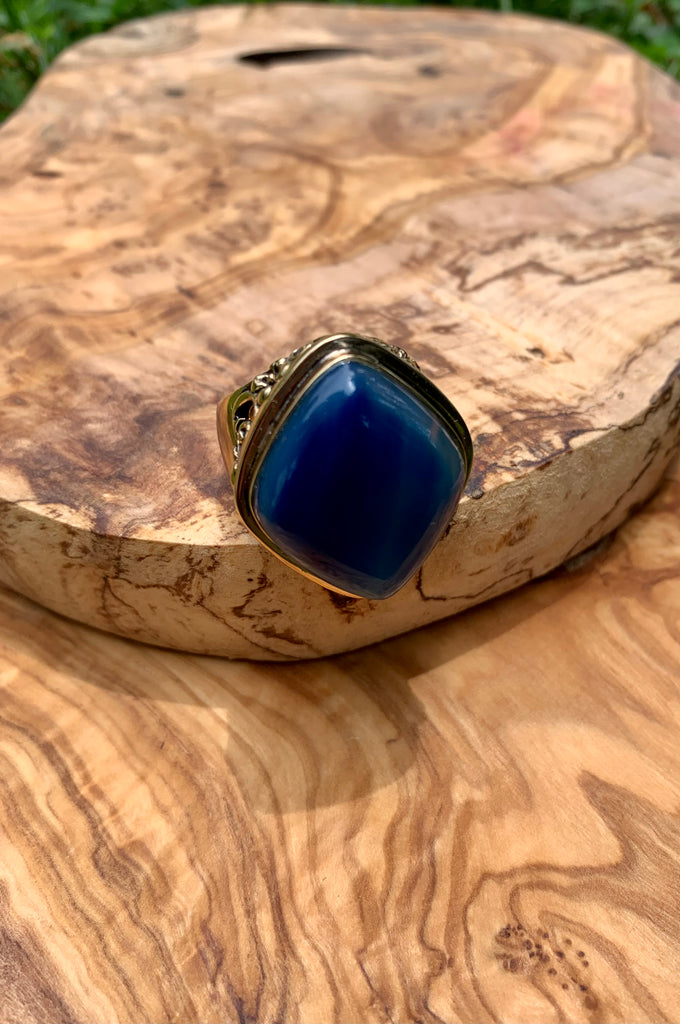 Blue Agate & Bronze Scrolled Ring Size 9
