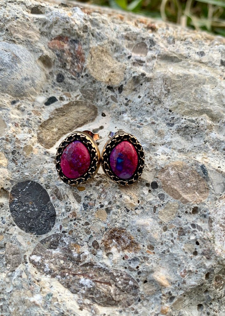 Purple Turquoise & Bronze Stud Earrings