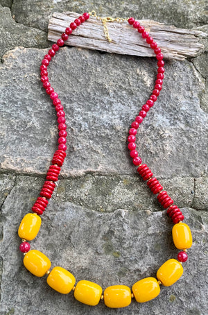 Yellow Jade, Red Quartz & Bronze Necklace