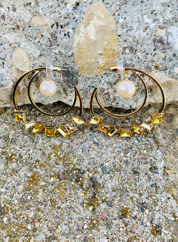 Multi-Color Gold Crystal Fresh Water Pearl Hoop Earrings