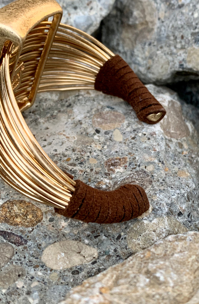 Mother of Pearl Brushed Gold Cuff Geometric Multi-Row Bracelet