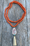 Melon Jade Beaded Leather Tassel Necklace