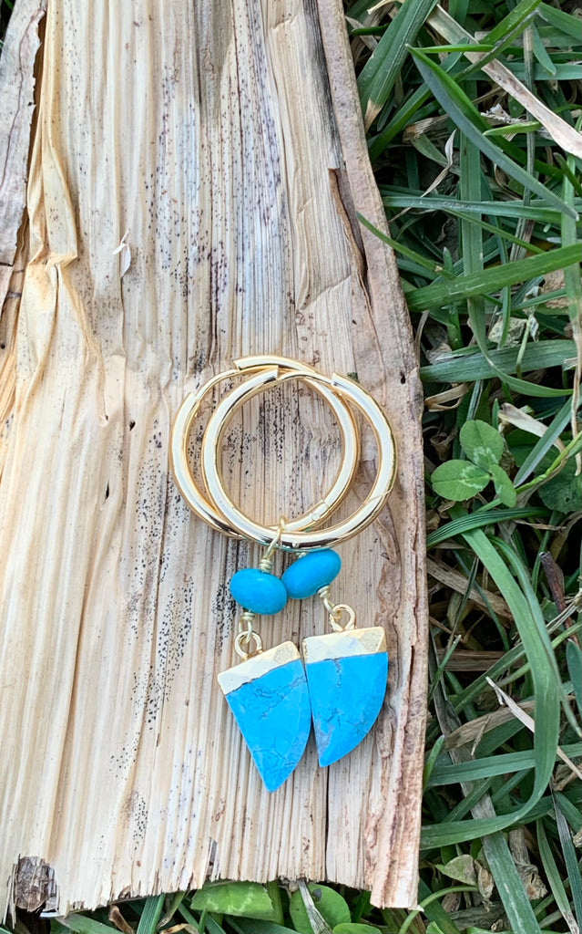 Turquoise Magnesite & Bronze Hoop Horn Drop Earrings