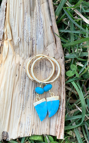 Turquoise Magnesite & Bronze Hoop Horn Drop Earrings