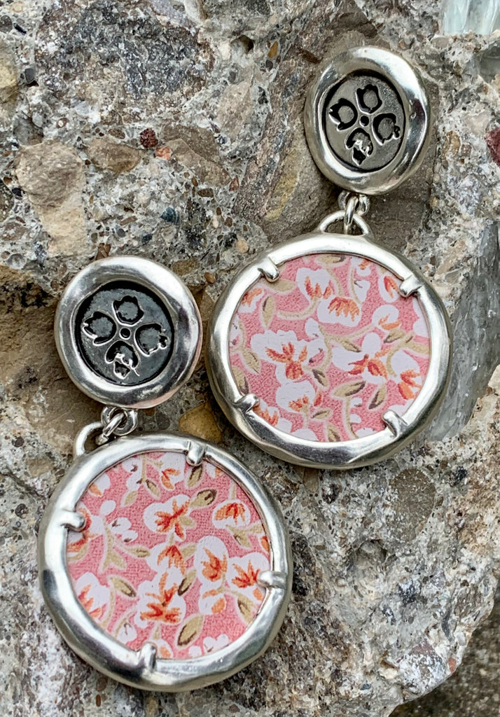 Patricia Nash Metallic Silver Pink & White Floral Leather Drop Earrings