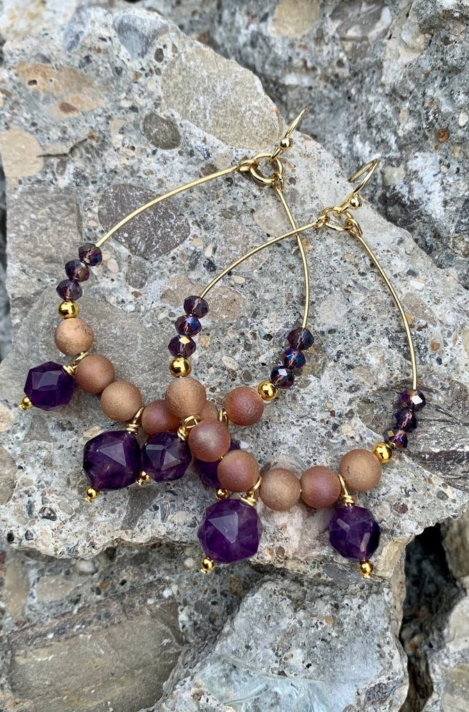 Lavender Amethyst & Crystal Forward Facing Bronze Hoop Earrings