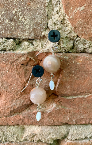 Barse Peach Agate & MOP Dangle Beaded Teardrop Sterling Silver Earrings