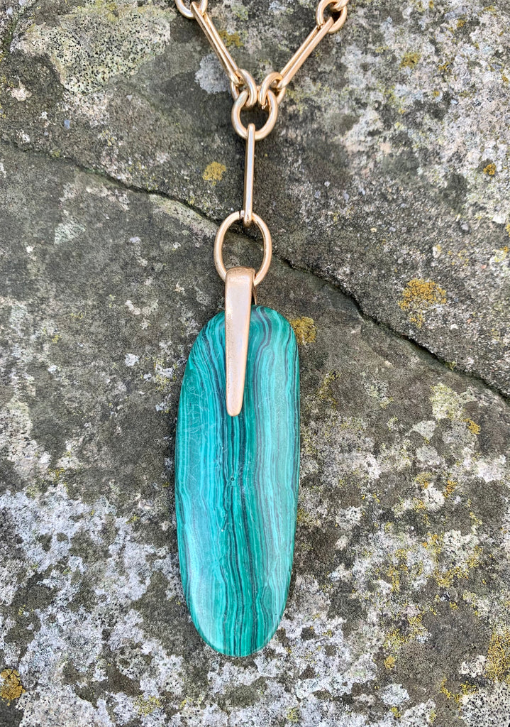 Malachite Sculptural Stone Pendant Y Necklace
