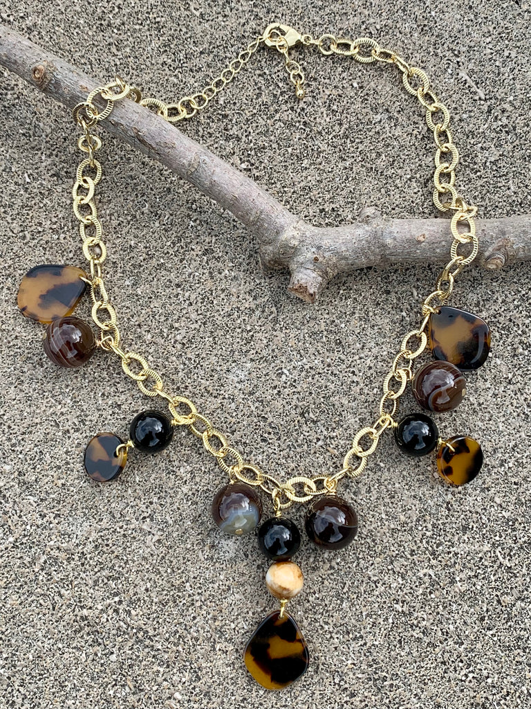 Midnight Black Onyx, Agate & Tortoise Chain Link Drop Pendant Necklace