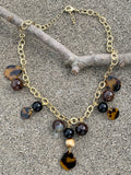 Midnight Black Onyx, Agate & Tortoise Chain Link Drop Pendant Necklace