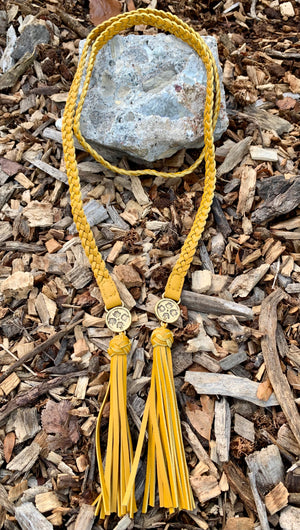 Patricia Nash Cara Distressed Yellow Leather Lariat Braided Necklace