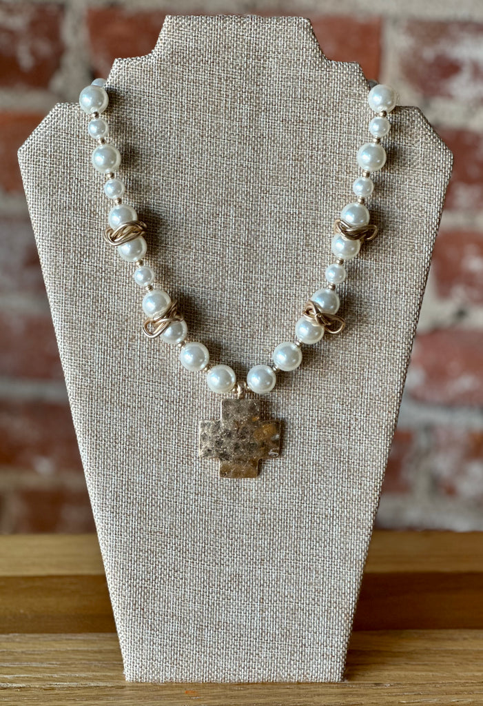 Brushed Gold Cross Pearl Necklace