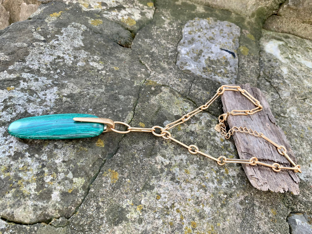 Malachite Sculptural Stone Pendant Y Necklace