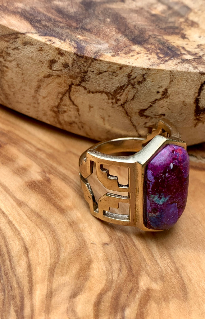Purple Turquoise Design & Bronze Aztec Ring Size 7