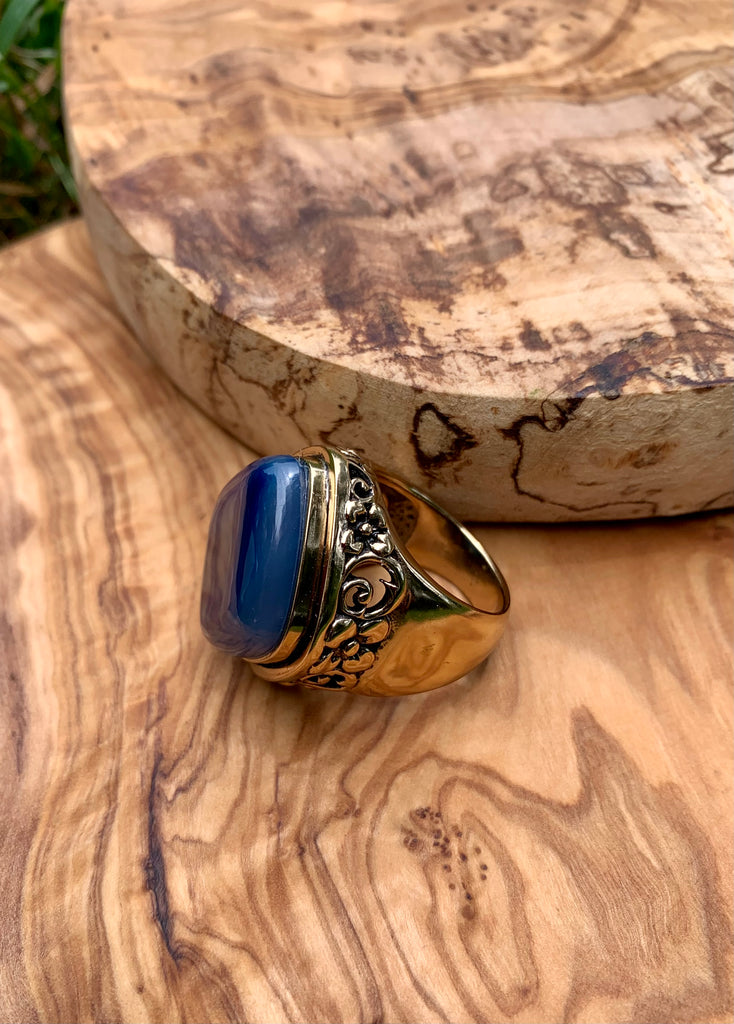 Blue Agate & Bronze Scrolled Ring Size 9