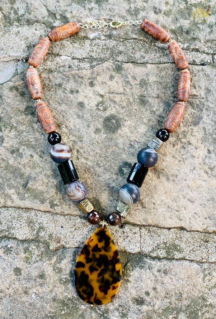 Barse Tortoise & Black Onyx Drop Post Earrings