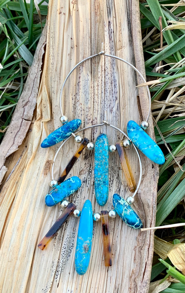 Turquoise Magnesite and Tortoise Shell Hoop Earrings