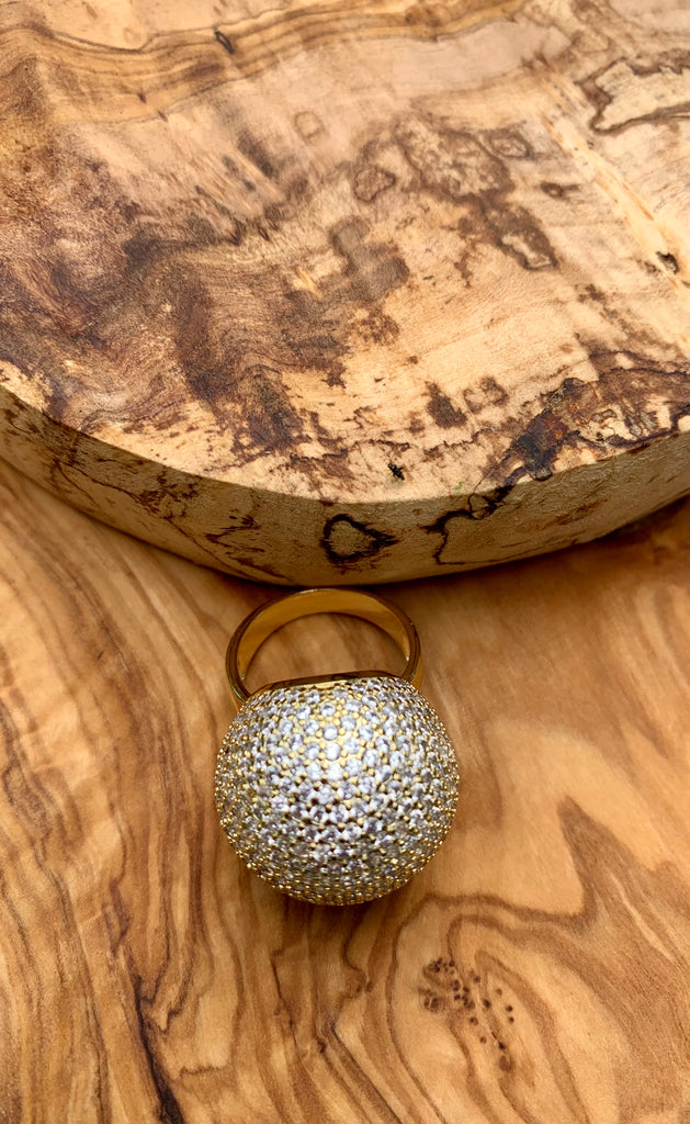CZ Pave Crystal Brass Ball Ring Size 6