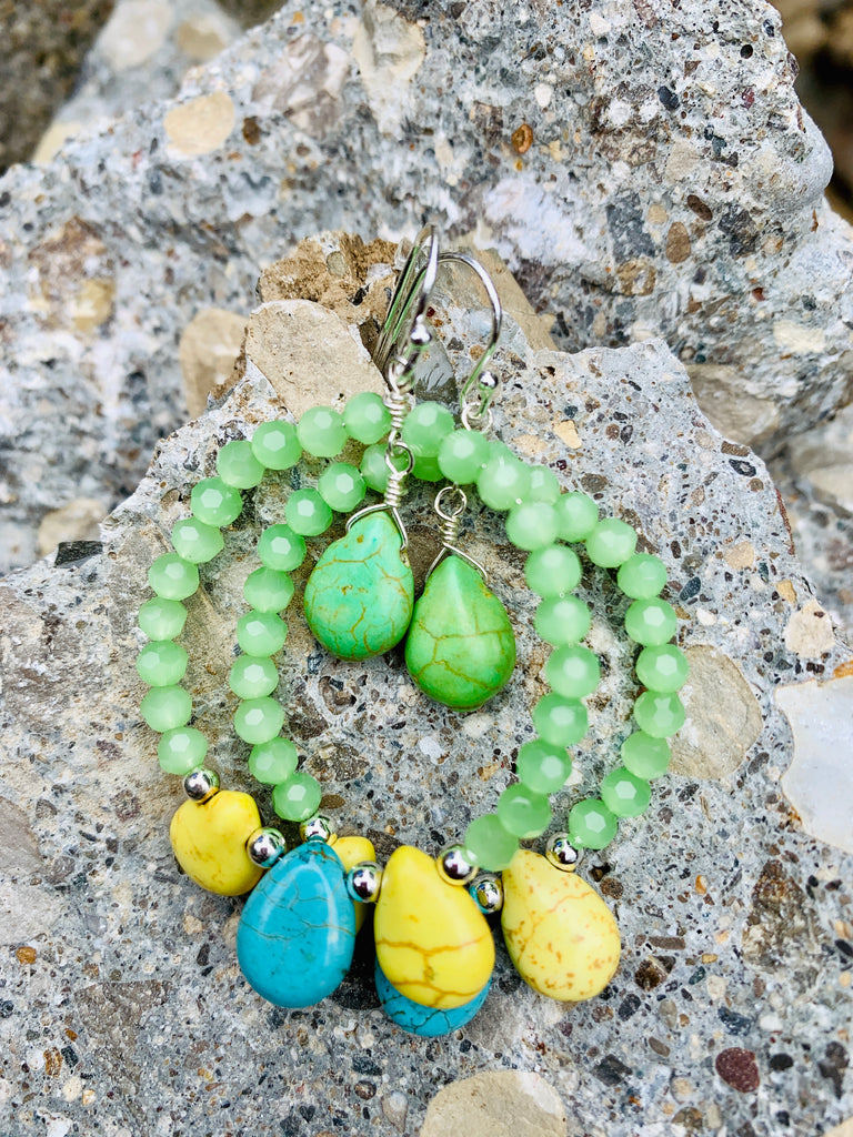 Sterling Silver Lime Turquoise & Magnesite Forward Facing Hoop Earrings