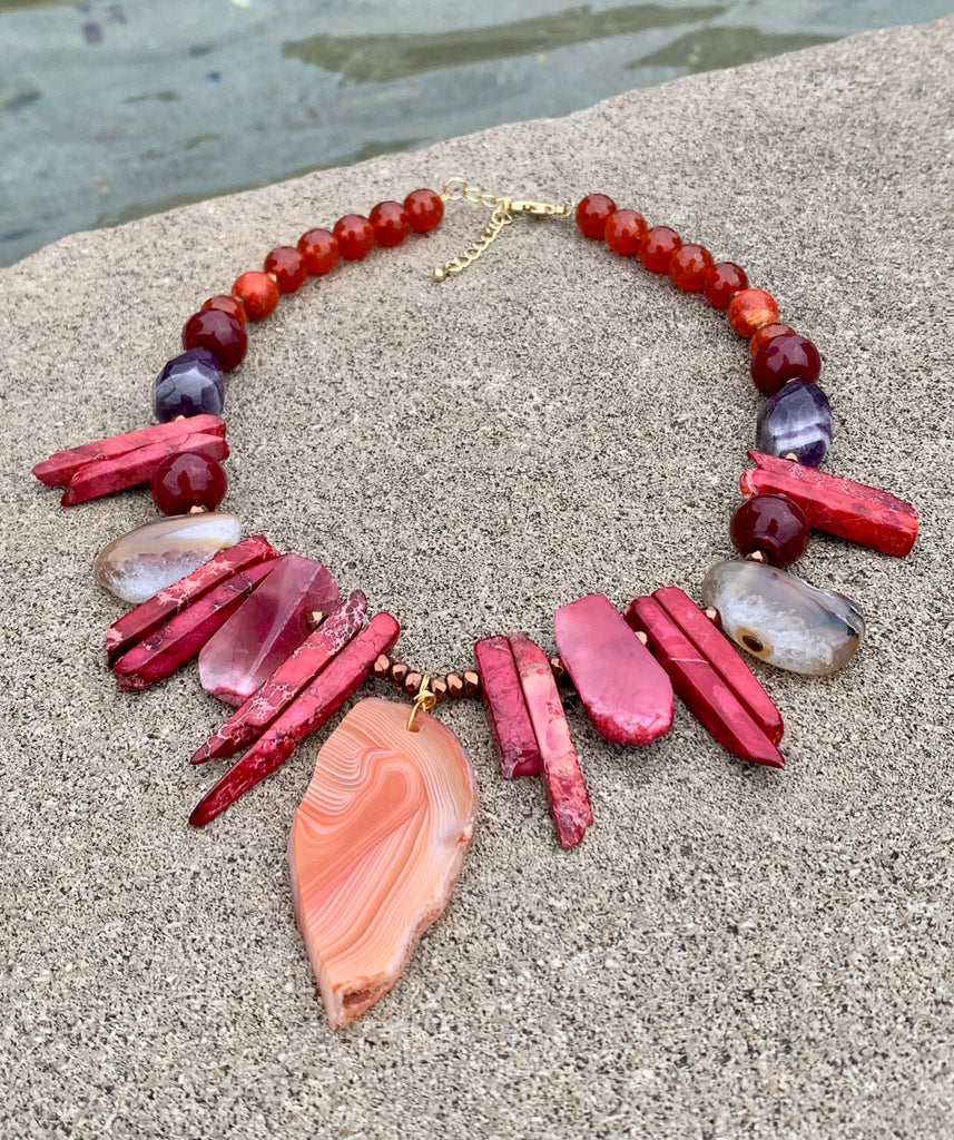 Scarlet Quartz, Carnelian, Amethyst, Hematite, Fuchsia Jasper & Agate Pendant Necklace
