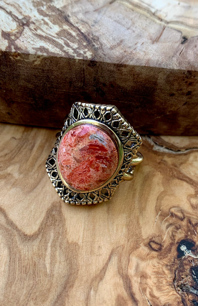 Orange Sponge Coral & Bronze Ring Size 7.5