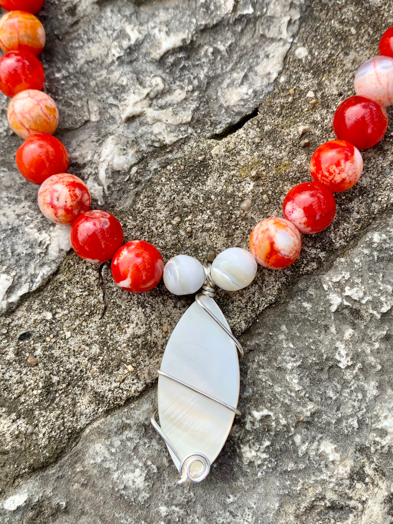 "The Sun is the Sun" Orange Agate & Shell Pendant Choker Necklace