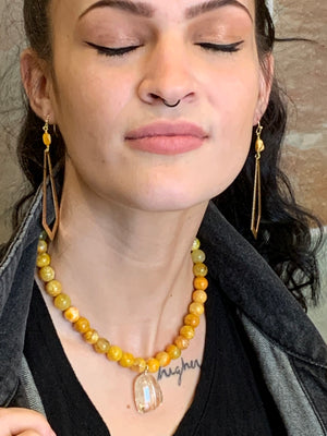 Yellow Pearl & Hematite Gold Hammered Geometric Shaped Earrings
