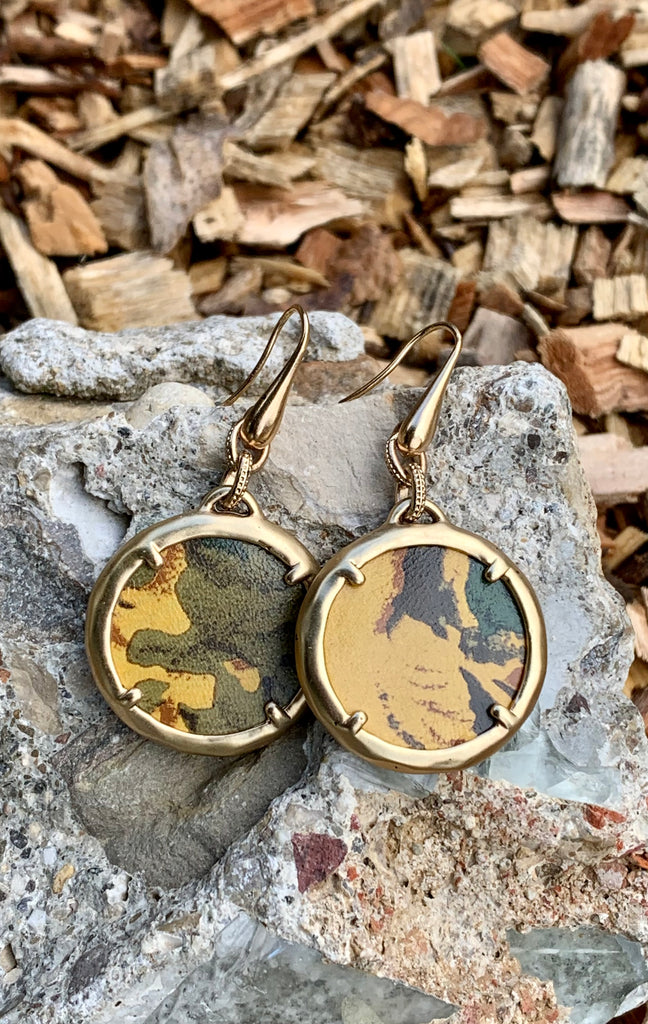 Patricia Nash Golden Fatigue Leather Inset Drop Earrings