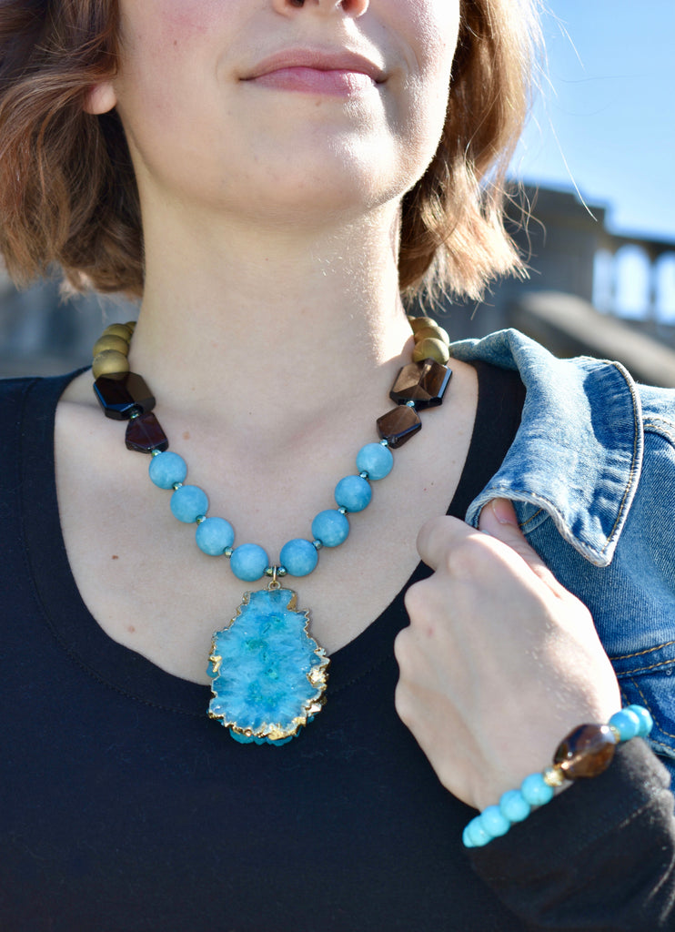 Matte Gold & Teal Drusy Slab Pendant Necklace