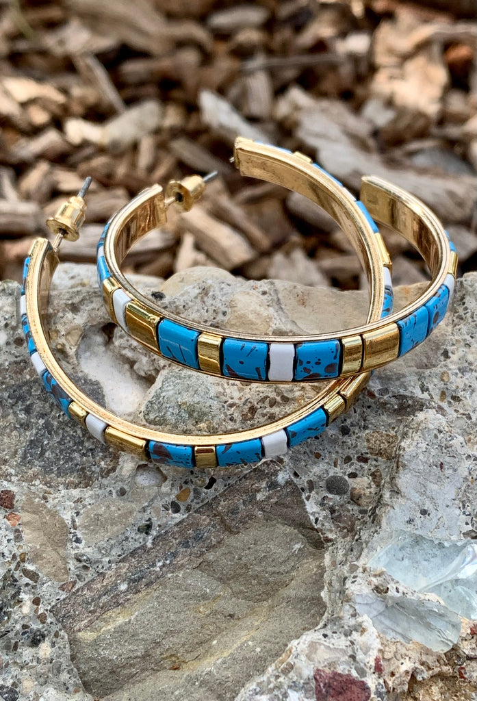Turquoise Magnesite & White Bronze Hoop Earrings