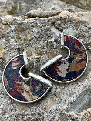 Silver Tone Navy Multi-Color Floral Leather Inset Hoop Earrings