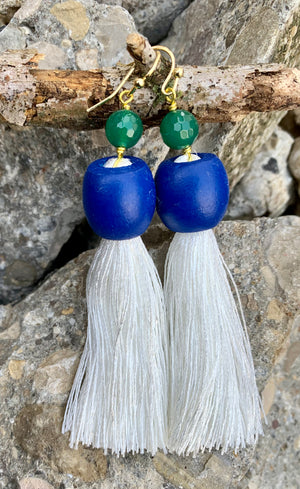 Green Onyx & Large White Tassel Statement Earrings