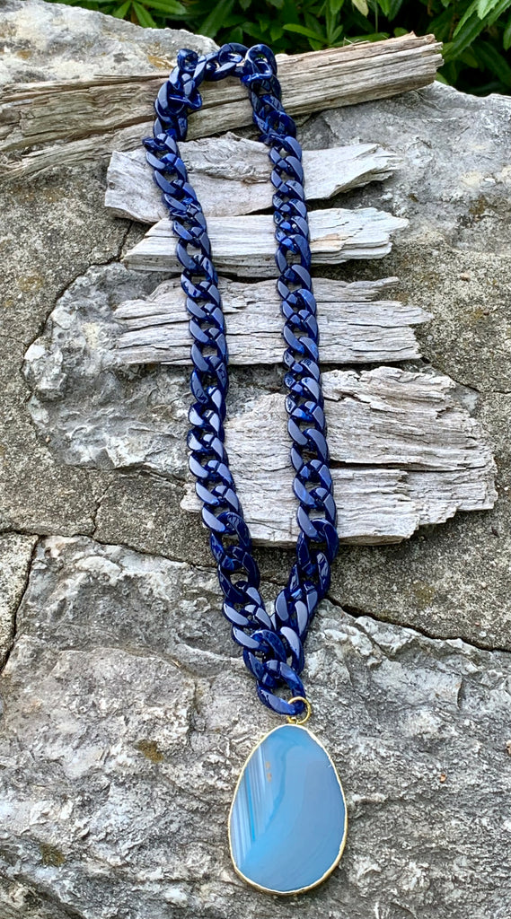Ocean Storm Blue Agate Pendant Resin Link Necklace