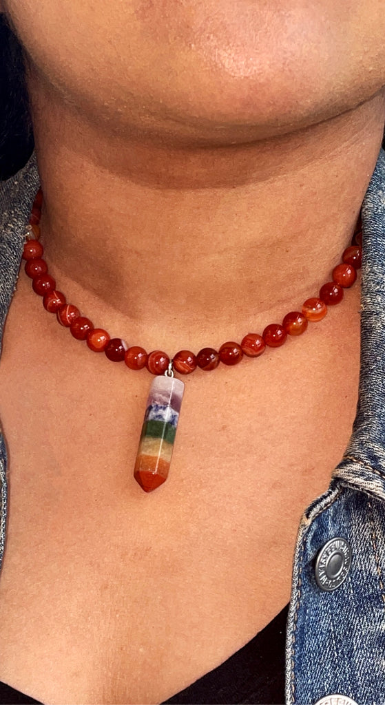 "Align My Chakra" Red Agate Arrow Pendant Choker Necklace