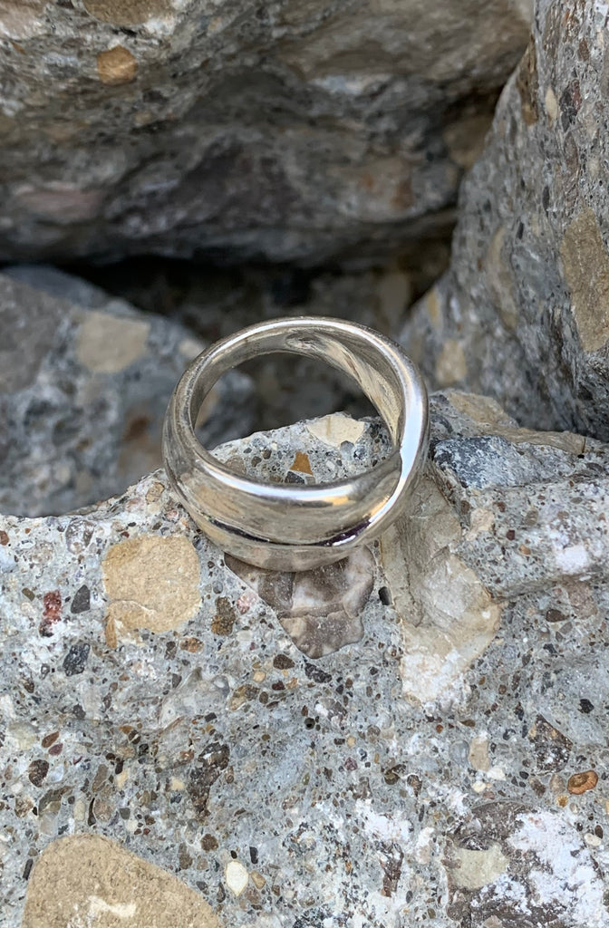 Modernist Brushed Silver Leaf Overlapped Wrap Ring Size 7.5