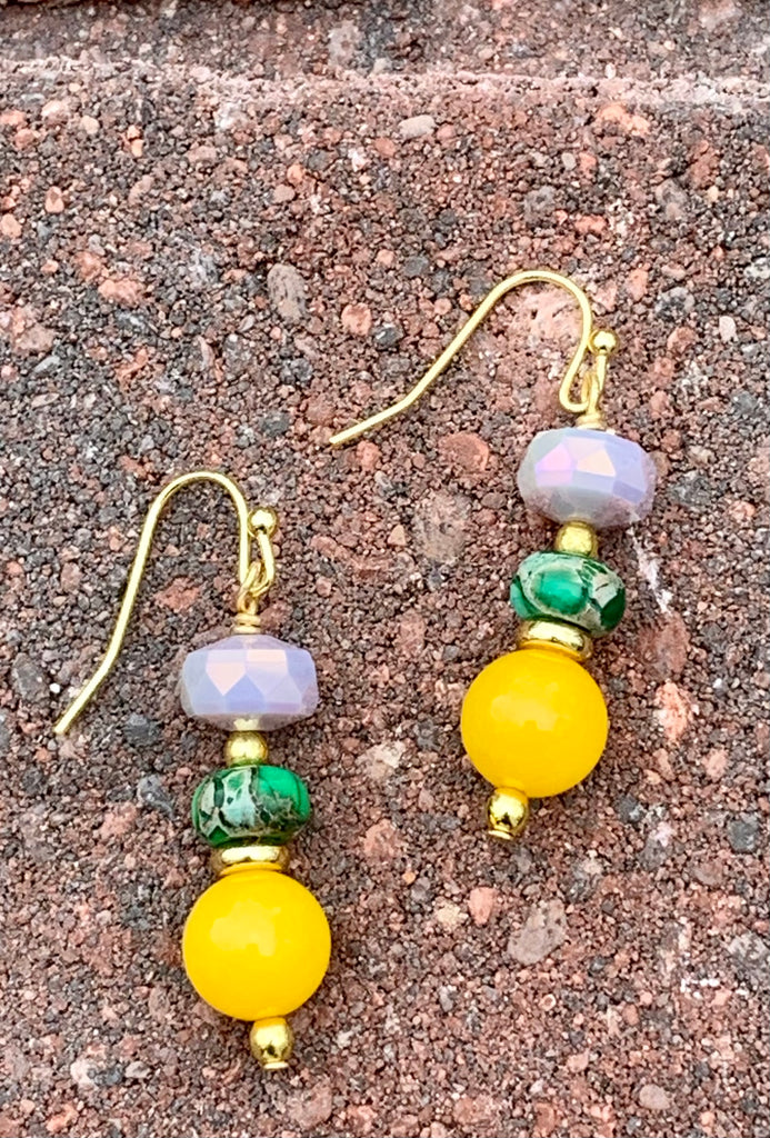 Mauve Crystal & Yellow Jade Drop Earrings