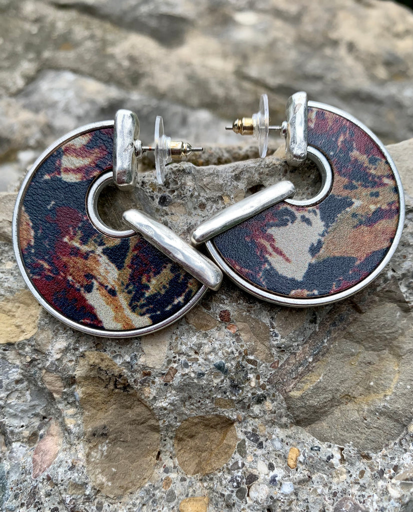Silver Tone Navy Multi-Color Floral Leather Inset Hoop Earrings