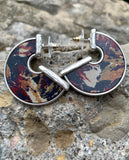 Silver Tone Navy Multi-Color Floral Leather Inset Hoop Earrings