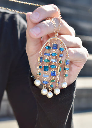 Metallic Multi-Layered Blue Jeweled Chandelier Necklace