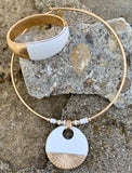 White Patina & Gold Disc Pendant Collar Necklace