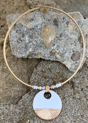 White Patina & Gold Disc Pendant Collar Necklace