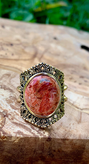 Orange Sponge Coral & Bronze Ring Size 7.5